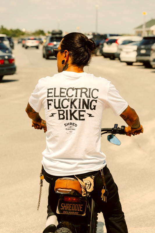 Electric Bike white t-shirt for electric dirt bike enthusiasts