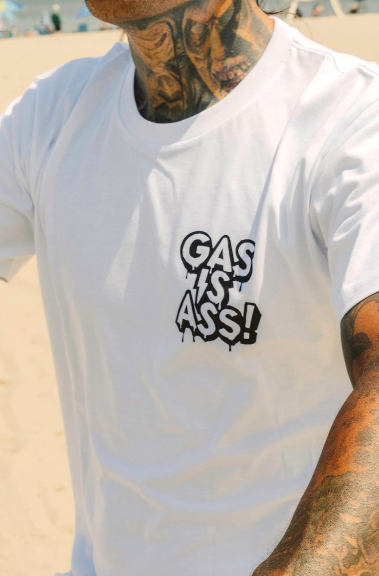 Gas Is Ass white t-shirt zoomed in front view