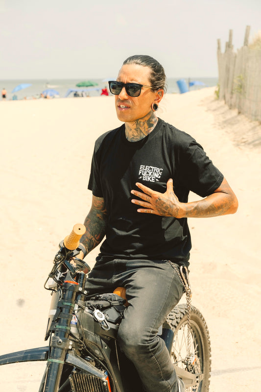 Electric Bike t-shirt design close-up front view on rider