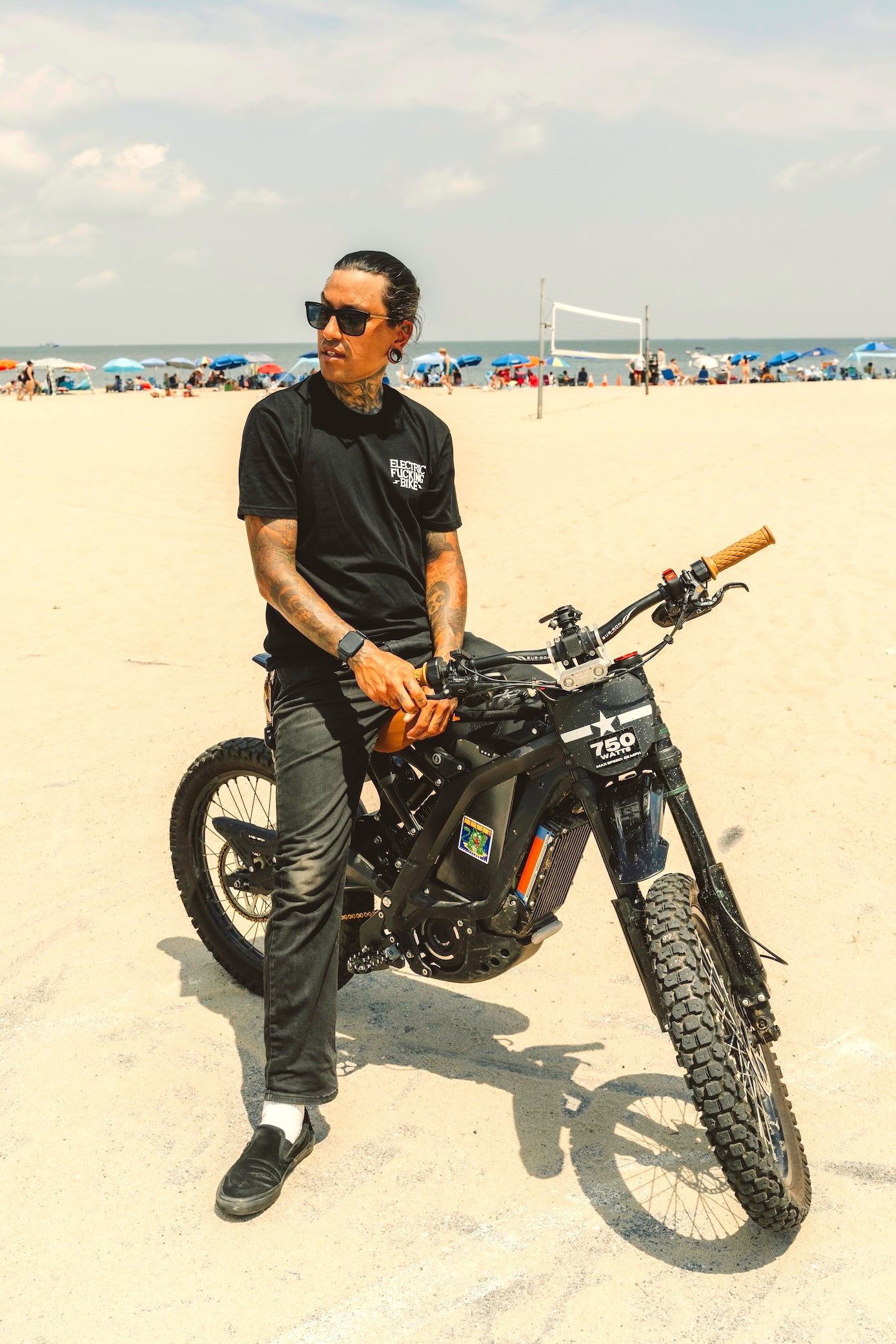 Electric Bike t-shirt lifestyle shot on beach