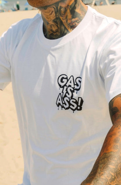 Gas Is Ass white t-shirt zoomed in front view 